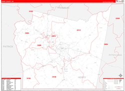 Henry County, VA Wall Map Zip Code Red Line Style 2024