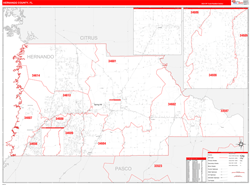 Hernando County, FL Wall Map Zip Code Red Line Style 2023