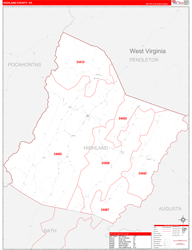Highland County, VA Wall Map Zip Code Red Line Style 2024