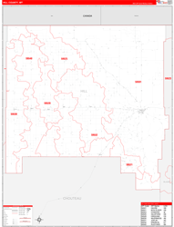 Hill County, MT Wall Map Zip Code Red Line Style 2023
