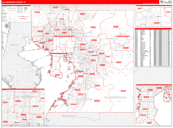 HillsboroughCounty, FL Wall Map Zip Code Red Line Style 2023