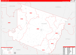 Holmes County, MS Wall Map Zip Code Red Line Style 2024