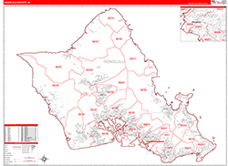 Honolulu County, HI Wall Map Zip Code Red Line Style 2026