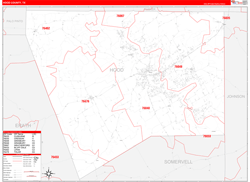 Hood County, TX Wall Map Zip Code Red Line Style 2024