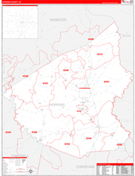 Hopkins County, KY Wall Map Zip Code Red Line Style 2024