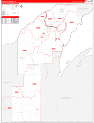 Houghton County, MI Wall Map Zip Code Red Line Style 2024