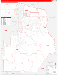 Houston County, GA Wall Map Zip Code Red Line Style 2024