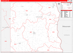 Houston County, MN Wall Map Zip Code Red Line Style 2026
