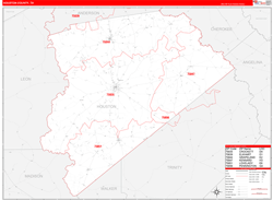 Houston County, TX Wall Map Zip Code Red Line Style 2024