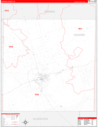 Howard County, TX Wall Map Zip Code Red Line Style 2024