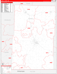 Howell County, MO Wall Map Zip Code Red Line Style 2024