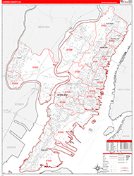 Hudson County, NJ Wall Map Zip Code Red Line Style 2026