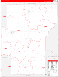 Hughes County, OK Wall Map Zip Code Red Line Style 2024