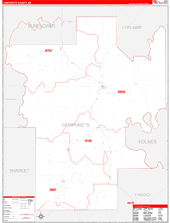Humphreys County, MS Wall Map Zip Code Red Line Style 2024