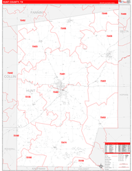 Hunt County, TX Wall Map Zip Code Red Line Style 2024