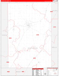 Huntington County, IN Wall Map Zip Code Red Line Style 2024