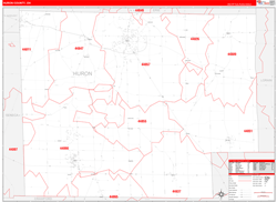 Huron County, OH Wall Map Zip Code Red Line Style 2024