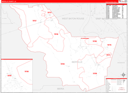IbervilleParish (County), LA Wall Map Zip Code Red Line Style 2023
