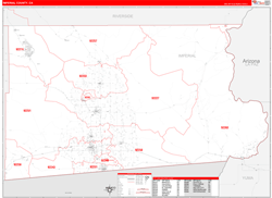Imperial County, CA Wall Map Zip Code Red Line Style 2024