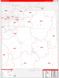 Ingham County, MI Wall Map Zip Code Red Line Style 2024