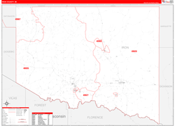 Iron County, MI Wall Map Zip Code Red Line Style 2024