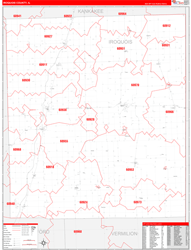 Iroquois County, IL Wall Map Zip Code Red Line Style 2024
