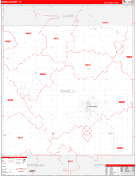 Isabella County, MI Wall Map Zip Code Red Line Style 2024