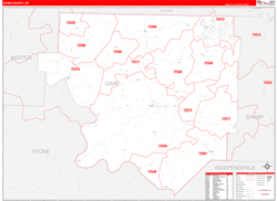 Izard County, AR Wall Map Zip Code Red Line Style 2024