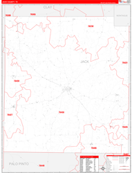 Jack County, TX Wall Map Zip Code Red Line Style 2024