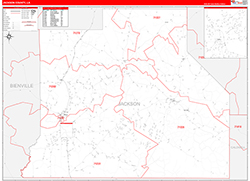 JacksonParish (County), LA Wall Map Zip Code Red Line Style 2026