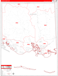 Jackson County, MS Wall Map Zip Code Red Line Style 2024