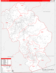 Jackson County, NC Wall Map Zip Code Red Line Style 2026