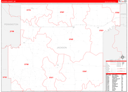Jackson County, SD Wall Map Zip Code Red Line Style 2024