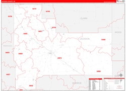 Jackson County, WI Wall Map Zip Code Red Line Style 2024