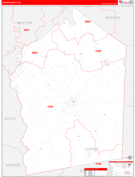 Jasper County, GA Wall Map Zip Code Red Line Style 2024