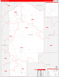 Jasper County, IN Wall Map Zip Code Red Line Style 2024