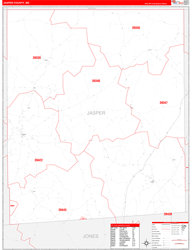 Jasper County, MS Wall Map Zip Code Red Line Style 2024