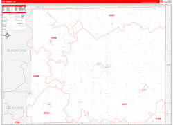 Jay County, IN Wall Map Zip Code Red Line Style 2024