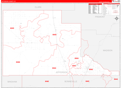 Jefferson County, ID Wall Map Zip Code Red Line Style 2024