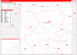 Jefferson County, IL Wall Map Zip Code Red Line Style 2024