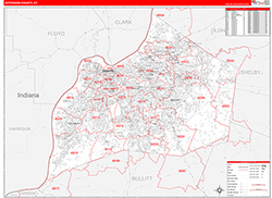 Jefferson County, KY Wall Map Zip Code Red Line Style 2026