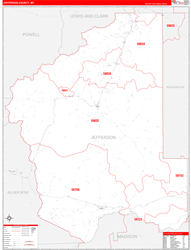 Jefferson County, MT Wall Map Zip Code Red Line Style 2024