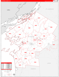 Jefferson County, NY Wall Map Zip Code Red Line Style 2024