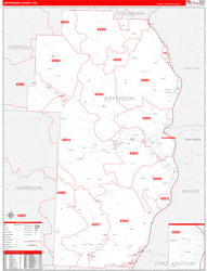 Jefferson County, OH Wall Map Zip Code Red Line Style 2024