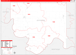 Jefferson County, OK Wall Map Zip Code Red Line Style 2024