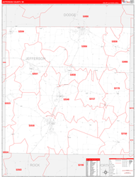 Jefferson County, WI Wall Map Zip Code Red Line Style 2024