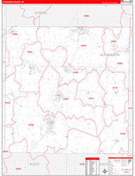 Jefferson County, WI Wall Map Zip Code Red Line Style 2026