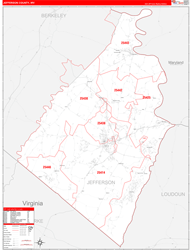 Jefferson County, WV Wall Map Zip Code Red Line Style 2024