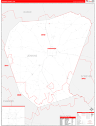 Jenkins County, GA Wall Map Zip Code Red Line Style 2024
