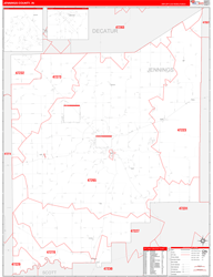 Jennings County, IN Wall Map Zip Code Red Line Style 2024